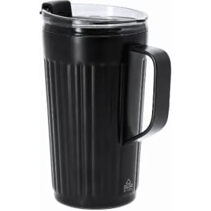A drink bottle with a ribbed design, featuring a black exterior and a clear lid, equipped with a handle.