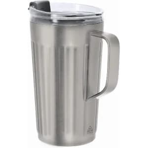 A drink bottle with a stainless steel finish, featuring a handle and a transparent lid. It has branding on the side.