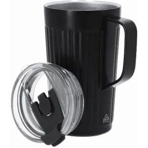 A drink bottle in black with a textured design, accompanied by a clear lid with a flip-top opening.