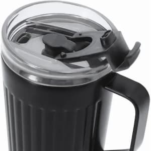 A drink bottle in matte black with a transparent lid featuring a spout and handle. It has a textured design.