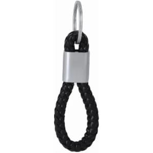 A black braided keychain loop with a metal ring and a silver-coloured attachment.