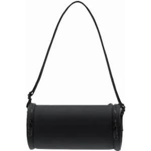 A cylindrical black bag with a detachable strap and zipped closures on both ends.