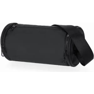 A black cylindrical bag with a zipper and a detachable strap for easy carrying.