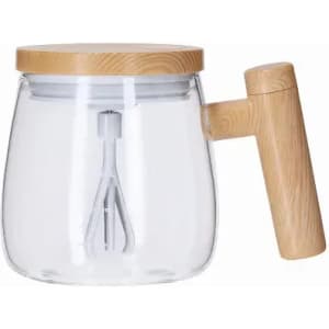 A drink bottle with a clear glass body and a wooden handle, featuring a whisk inside and a wooden lid.