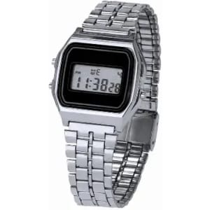 A digital watch with a black screen and silver metal strap, featuring a square case design.