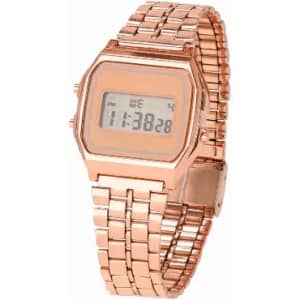 A digital wristwatch with a rose gold metallic band and rectangular face displaying the time and date.