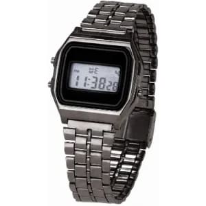 A digital watch with a rectangular face and a metallic strap in silver. It features a black display and a stainless steel construction.