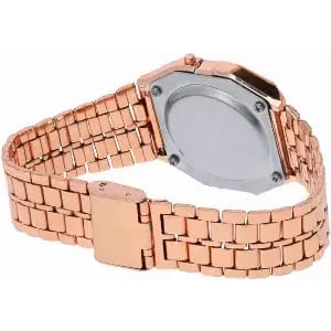 A watch with a rose gold metal band, featuring an octagonal case and a smooth, blank backing.