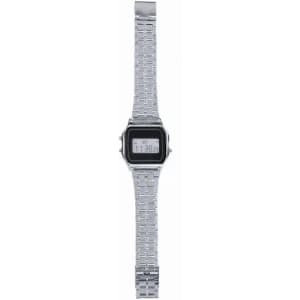 A digital watch with a square face and a metallic silver bracelet, featuring a digital time display.