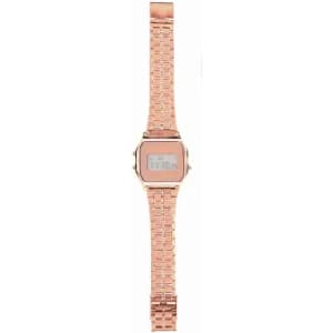 A digital watch with a rose gold metallic band and a rectangular face displaying the time. Features a branded logo.