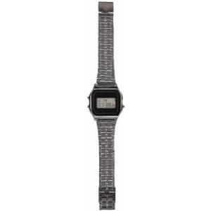 A digital watch with a rectangular face and silver metal strap, featuring a simple black display and logo.
