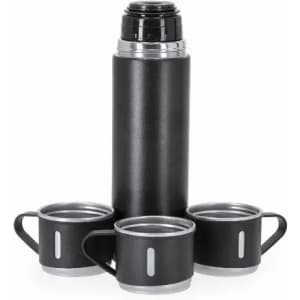 A drink bottle in black with a silver top, accompanied by three black mugs, each featuring a handle.