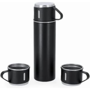 A drink bottle in matte black with two matching cups, featuring minimalistic designs and handles.