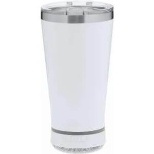 A drink bottle in white with a stainless steel base and a clear lid. It features a logo on the front.