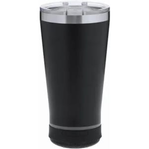 A drink bottle in black with a silver band, featuring a clear lid and a built-in speaker base.