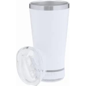 A drink bottle in white with a silver rim and a clear lid, featuring a branding logo on the base.