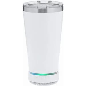 A drink bottle in white with a silver lid, featuring a logo and a coloured light base.