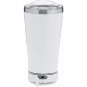 A white drink bottle with a silver band and a clear lid, featuring a logo on its surface.
