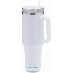 A drink bottle in white with a clear lid, handle, and a straw, featuring a base with a logo.