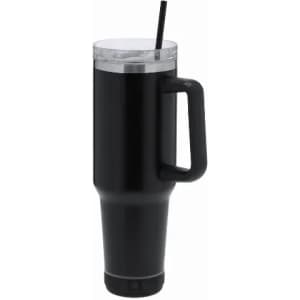 A drink bottle in black with a clear lid and a straw, featuring a sturdy handle for easy carrying.