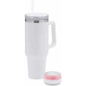 A white drink bottle with a clear lid, straw, and handle, alongside a small round container.