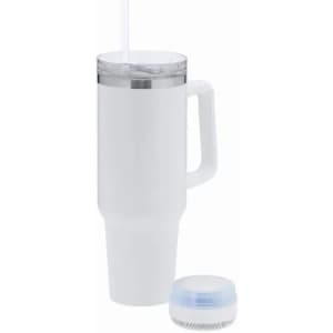 A drink bottle with a white body, clear lid, straw, and a removable base. It features a handle and a logo.