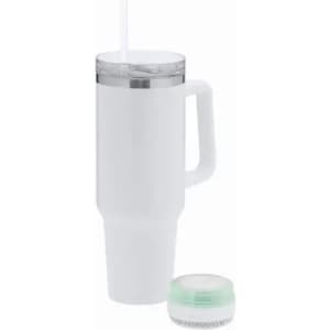 A drink bottle in white with a clear lid, handle, and a detachable base containing a green component.