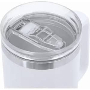 A drink bottle with a clear lid and silver band, featuring a white body. It has a handle for easy carrying.