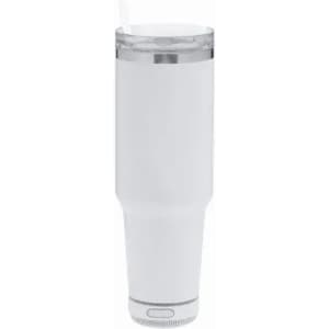 A drink bottle in white with a clear lid and straw, featuring a sleek design and a logo.