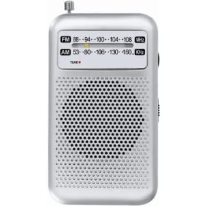 A portable radio in silver with a speaker grill, featuring dials for tuning FM and AM frequencies.