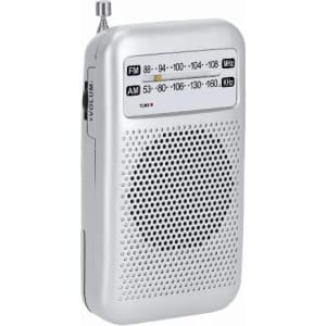 A portable silver radio with an antenna, featuring FM and AM tuning dials and a speaker mesh.