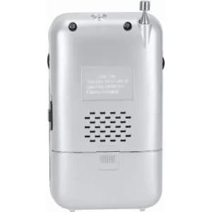 A silver portable device with buttons, a speaker grille, and an antenna. It features a logo on the back.