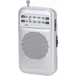 A portable silver radio featuring FM and AM tuning dials and a speaker grille on the front.