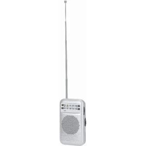 A portable radio in white with an extendable antenna and control buttons on the front.