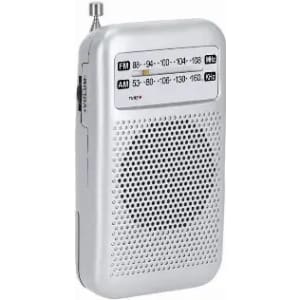 A portable radio in silver with a speaker grill, displaying FM and AM frequency dials and an antenna.