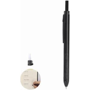 A black pen with a textured grip, featuring a click mechanism and a removable cap.