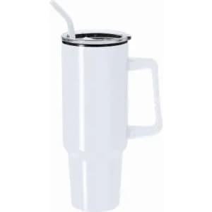 A drink bottle in white with a handle and straw, featuring a sleek and modern design.