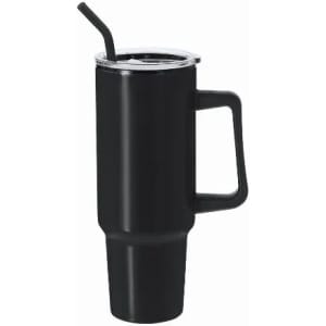 A drink bottle in sleek black with a handle and a straw, featuring a transparent lid and a wide base.