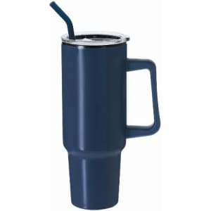 A drink bottle in navy blue with a handle, a straw, and a silver lid.