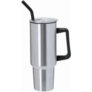 A drink bottle in a sleek silver finish with a black handle and straw, featuring a clear lid.