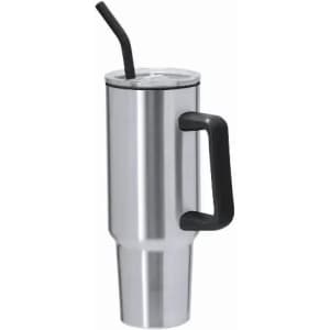 A drink bottle made of stainless steel with a black handle and straw. It has a clear lid and a sleek design.