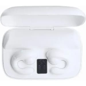 A set of white wireless earbuds in a charging case, featuring a small display inside the case.