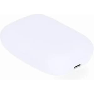 A white portable charger with a sleek design and a USB port. It features a smooth, rounded shape.