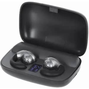 A pair of wireless earbuds in a black charging case with a digital display. The earbuds are silver in colour.