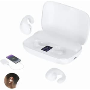Wireless earbuds in a white charging case, with one earbud displayed outside the case and a smartphone charging.