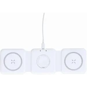 A wireless charging pad with three circular charging areas, all in white, connected by a cable.
