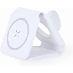 A white phone stand with a circular base and a flexible arm, featuring a minimalist design and a logo.