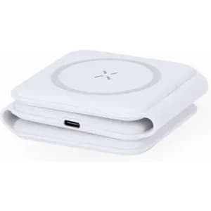 A wireless charger with a sleek white design, featuring a circular charging pad and a USB-C port.