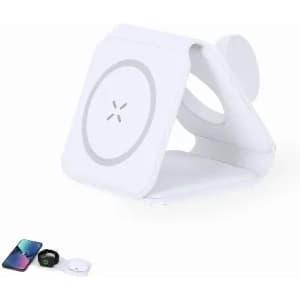 A wireless charging stand in white, featuring a circular charging pad and an adjustable holder. Includes devices below.