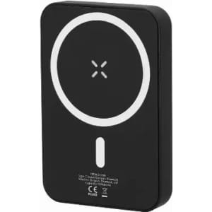 A black wireless charger with a circular design and a logo on the front.